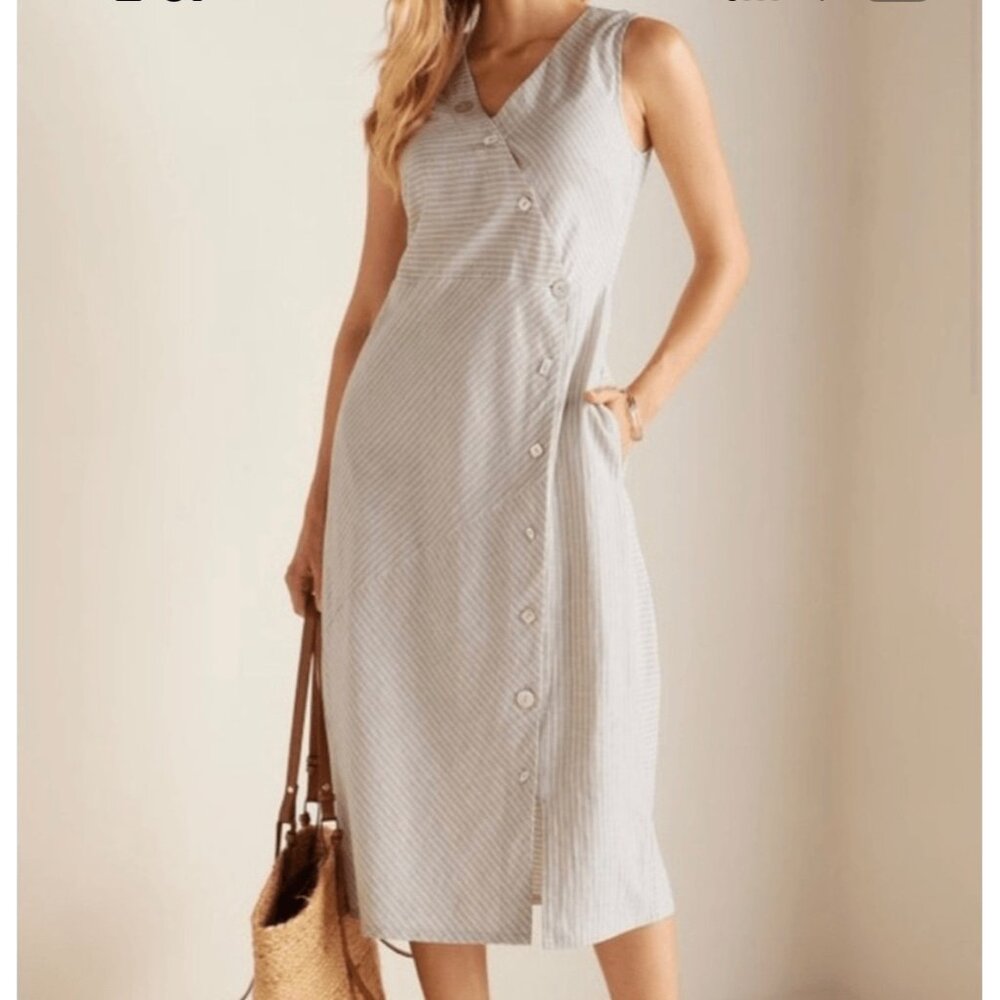 Soft Surroundings Hemp Blend Pearl Buttons Faux Wrap Midi Stripe Dress Sleeveles